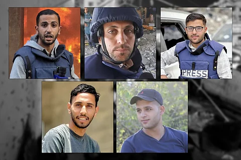 From top left: Anas al-Sharif, Mohammed Qreiqeh, Ibrahim Zaher, Moamen Aliwa, and Mohammed Noufal (Photo courtesy of Al Jazeera)