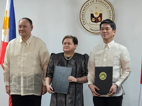 DEFENSE Secretary Gilberto Teodoro Jr., Foreign Affairs Secretary Ma. Teresa Lazaro and Japanese Ambassador to the Philippines Endo Kazuya led the ceremonial exchange of notes on the entry into force of the agreement between the Philippines and Japan concerning the facilitation of the cooperation between the Self-Defense Forces of Japan (SDFJ) and the Armed Forces of the Philippines (AFP) at DFA headquarters in Pasay City on August 12, 2025. (Photo by Lade Kabagani)