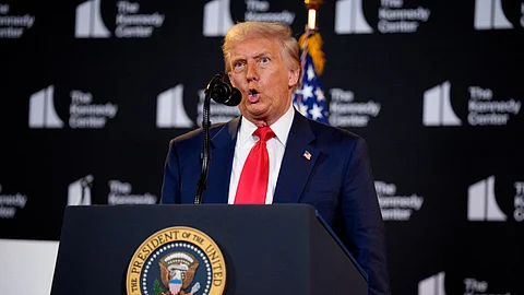 WASHINGTON, DC - AUGUST 13: U.S. President Donald Trump mocks Federal Reserve Chair Jerome Powell as he speaks during an event at the Kennedy Center on August 13, 2025 in Washington, DC. Trump announced the first nominees of the annual Kennedy Center Honors since taking control of the center's board earlier this year.