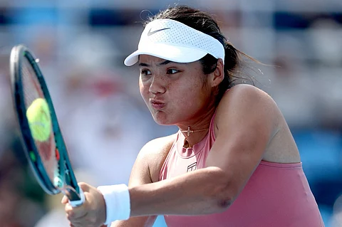 MASON, OHIO - AUGUST 11: Emma Raducanu of Great Britain returns a shot to Aryna Sabalenka during the Cincinnati Open at Lindner Family Tennis Center on August 11, 2025 in Mason, Ohio.