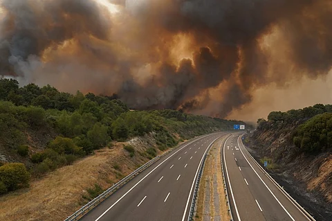 A wildfire burns near a highway in A Gudina, on August 15, 2025. All of Spain was on a heatwave alert today, while the weather agency warned that much of the country was at "very high to extreme risk" from wildfires. Nearly two weeks of high temperatures have left Spain sweltering, and today spread to Cantabria, which has so far been spared from the searing heat. Temperatures in the northwestern region were forecast to pass 40C, the national meteorological agency, Aemet, said. Spain has endured a devastating season of fires, with 157,501 hectares (389,193 acres) reduced to ashes since the start of the year, according to data from the European Forest Fire Information System (EFFIS).