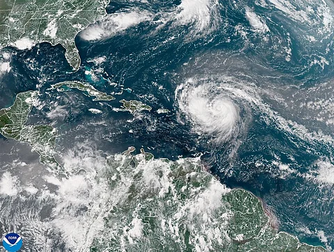 ATLANTIC OCEAN - AUGUST 15: In this NOAA image taken by the GOES satellite, Hurricane Erin crosses the Atlantic Ocean as it moves west on August 15, 2025. According to the National Hurricane Center, Erin has strengthened to a Category 1 storm as the first major hurricane of the 2025 season.