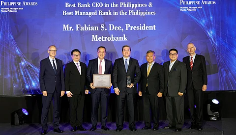 At the awarding ceremony are (from left) The Asian Banker International resource director Urs Bolt, The Asian Banker president and managing editor Foo Boon Ping, Metrobank enterprise services sector director Bliz Cuna, Metrobank president Fabian Dee, Metrobank financial markets sector head Toto Tansingco, Metrobank chief marketing officer Digs Dimagiba, and The Asian Banker research director Christian Kapfer.
