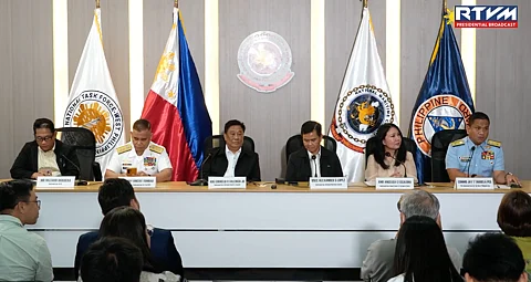 National Maritime Council (NMC) Spokesperson Undersecretary Alexander Lopez, together with key officials from NMC member agencies,
Commodore Jay Tarriela, Spokesperson for the West Philippine Sea (WPS), Philippine Coast Guard (PCG); Assistant Director General Cornelio H. Valencia Jr., Spokesperson for the National Security Council (NSC); Rear Admiral Roy Vincent Trinidad, Spokesperson for the West Philippine Sea, Philippine Navy (PN); Director Marissa Gilda N. Balmaceda, Department of National Defense (DND); and Nazario Briguera, Spokesperson for the Bureau of Fisheries and Aquatic Resources (BFAR) holds the 2nd Quarter National Maritime Council Press Conference at the Philippine Coast Guard (PCG) - West Philippine Sea Transparency Group Office in San Miguel, City of Manila on August 18, 2025.