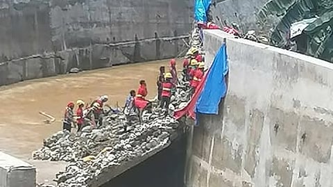 A section of the flood control project in Barangay Tingub, Mandaue City sustained damage after strong floodwaters from the mountains surged during Friday night’s heavy rains.