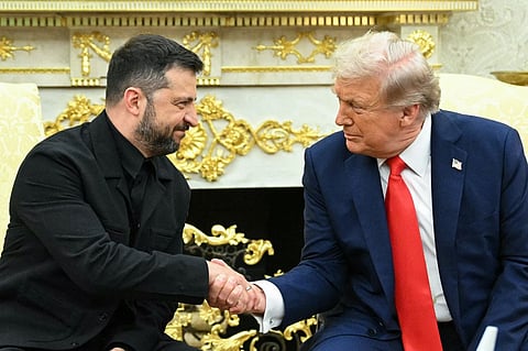 Ukrainian President Volodymyr Zelensky and US President Donald Trump shake hands during a meeting in the Oval Office of the White House in Washington, DC, on August 18, 2025. European leaders join Ukrainian President Volodymyr Zelensky in talks with US President Donald Trump on August 18, as they try to find a way to end Russia's offensive. The leaders heading to Washington on Monday to appear alongside Zelensky call themselves the "coalition of the willing."
