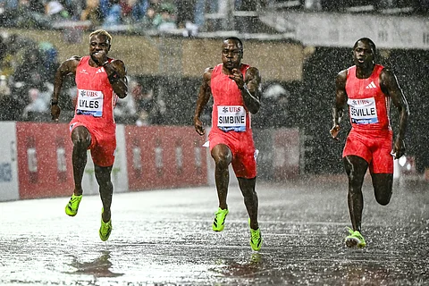 OBLIQUE Seville (right) outsprints Noah Lyles (left) and Akani Simbine in the men’s 100m run of the Lausanne leg of the Diamond League on Wednesday.