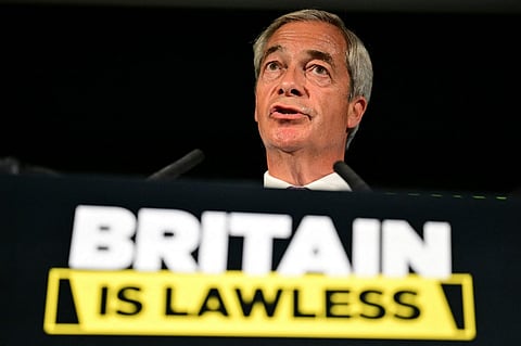 Reform UK Leader Nigel Farage speaks during a press conference, in London on 28 July 2025.