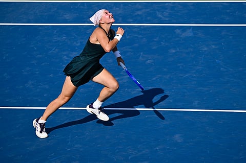 DIANA Shnaider runs across the court against Marie Bouzkova of Czechia during their second round match on Day Three of the WTA 1000 National Bank Open at IGA Stadium on July 29, 2025 in Montreal, Quebec, Canada.