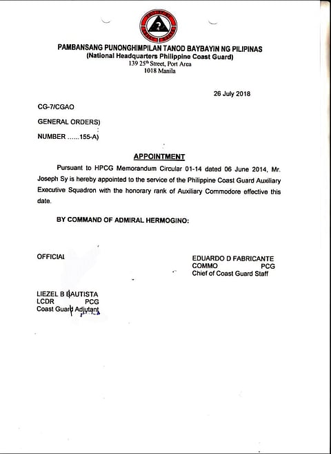 The appointment paper of Joseph Sy at the PCG Auxiliary