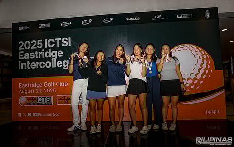 MONIQUE Mendoza (third from right) shows off her two gold medals as she leads the celebration of Ateneo’s impressive 1-2 finish in the rain-soaked ICTSI Eastridge Intercollegiate Tournament. Also shown are Ateneo-1 teammates Simi Tinio and Andrea Joson, along with Annika Jalbuena and Tatiana Ong of Ateneo-2.
