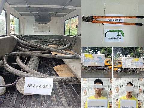 OPERATIVES from the Quezon City Police District arrested two men who are caught in the act of cutting and stealing PLDT underground copper cable wires early Monday morning.