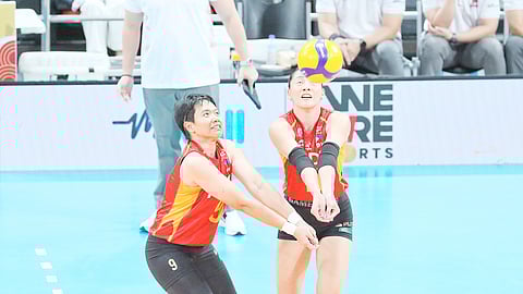 KIM Fajardo and Kianna Dy of PLDT employ tight floor defense during their 2025 PVL Invitational match against Kobe Shinwa University on Monday. The High Speed Hitters prevailed, 25-20, 25-22, 25-23.