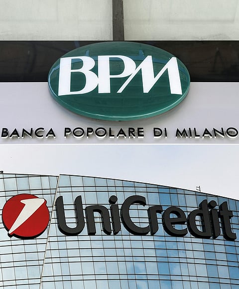 (COMBO) This combination of pictures created on April 24, 2025 shows the logo of the Italian bank BPM pictured in Rome on September 28, 2018 and the Unicredit Tower skyscraper, where Italy’s biggest bank UniCredit is headquartered, is pictured in the Porta Nuova district of Milan on July 9, 2019.
Italy's third-largest banking group Banco BPM, whose main shareholder is Credit Agricole, formally rejected on April 24, 2025 the public exchange offer (OPS) launched against it by its rival UniCredit, judging it ‘totally insufficient’, on April 24, 2025.