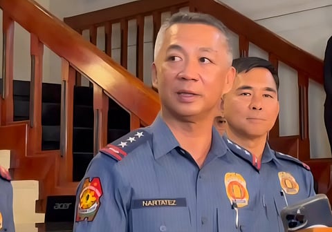 Newly appointed officer-in-charge of the Philippine National Police (PNP), Lieutenant General Jose Melencio Nartatez Jr. address media concerns in an ambush interview on Tuesday at the Camp Crame in Quezon City. (Photo by Lade Kabagani)