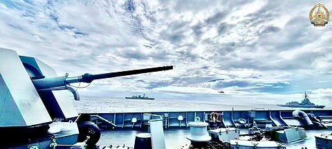 Partner navies HMAS Brisbane (DDG41) and HMCS Ville de Québec (FFH332) sail in formation with BRP Jose Rizal (FF150) during Exercise ALON 2025, east of Bajo de Masinloc on 27 August 2025.