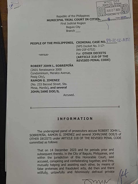 Two former Camp John Hay developers together with several John and Jane Does were recommended for indictment by a panel of prosectors of the Municipal Trial Court in Cities (MTCC) in Baguio City for Other deceits under Article 318 of the Revised Penal Code.