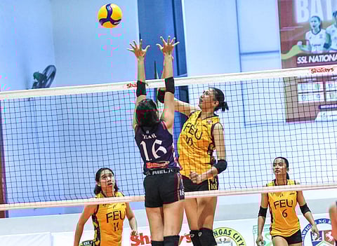 Clarisse Loresco carries FEU in a straight sets win over Letran in the SSL National Invitationals Batangas Leg.