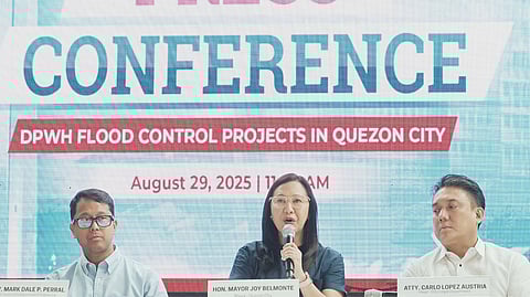 Quezon City Mayor Joy Belmonte (center) discusses the inspection report conducted by the local government over the flood control projects of the Department of Public Works and Highways in the city as she disclosed that at least 254 DPWH flood mitigation projects failed to acquire a certificate of coordination with the Mayor’s Office.