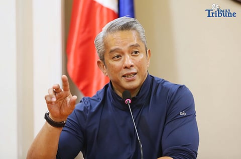Interior Secretary Jonvic Remulla, PNP Chief Jose Melencio Nartatez, and NAPOLCOM Vice Chair Rafael Vicente Calinisan hold a press conference at the Quezon City Reception House on Monday, September 1, 2025, to address the circulation of fake signed documents online linking an alleged P8-billion congressional insertion to the PNP weapons procurement budget.