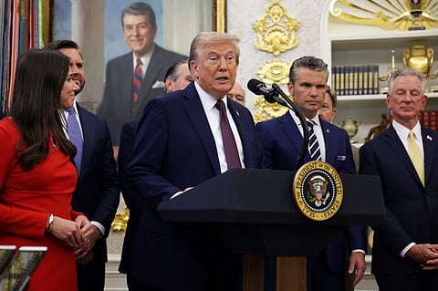 WASHINGTON, DC - SEPTEMBER 02: U.S. President Donald Trump speaks in the Oval Office at the White House on September 2, 2025 in Washington, DC. Following days of speculation about his health from users on social media, President Trump made his first public appearance in a week to announce the moving of Space Command headquarters from Colorado to Alabama.