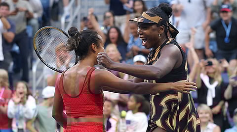 VENUS Williams (right) and Leylah Fernandez celebrate after beating Ekaterina Alexandrova and Zhang Shuai 6-3, 6-4, in the Last 16 of the US Open women’s doubles event.