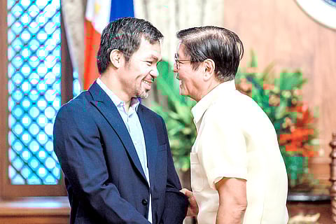 MANNY Pacquiao (left) enjoys a light moment with President Ferdinand ‘Bongbong’ Marcos Jr. during a courtesy call to present the ‘Thrilla in Manila’ event recently in Malacañang.