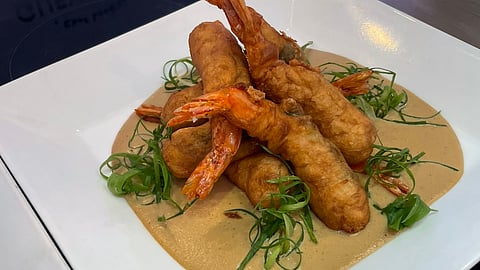 Shrimp Laing Rebosado with Coconut Wasabi Cream.