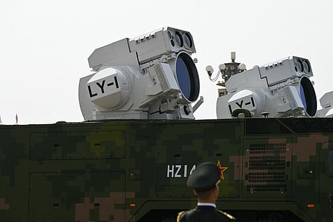 Laser weapons are seen during a military parade marking the 80th anniversary of victory over Japan and the end of World War II, in Beijing’s Tiananmen Square on September 3, 2025.