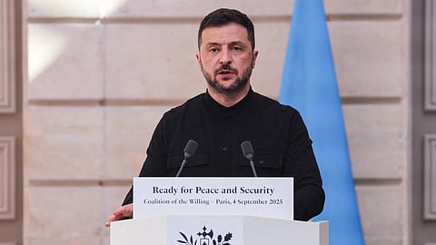 Ukraine's President Volodymyr Zelensky speaks during a press conference following the Coalition of the Willing Summit, at the Elysee presidential Palace, in Paris, on September 4, 2025. European leaders and Ukrainian President Volodymyr Zelensky meet in Paris on September 4, 2025, in a new effort to pile pressure on Russia's President Vladimir Putin after he vowed Russia will fight on in Ukraine if no peace deal is reached.