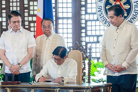 President Ferdinand Marcos Jr. signs Republic Act 12253 or the Enhanced Fiscal Regime for Large-Scale Metallic Mining Act — a law designed to create a ‘fair, transparent, and responsive’ tax system for the mining industry at Malacañang on Thursday.