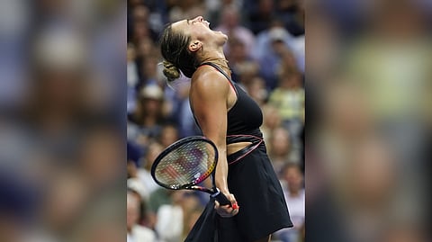 ARYNA Sabalenka celebrates after booking a 4-6, 6-3, 6-4 win over Jessica Pegula to advance to the final of the US Open women’s singles event on Thursday.