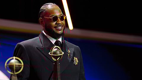 CARMELO Anthony smiles during the 2025 Basketball Hall of Fame Enshrinement Ceremony at Symphony Hall in Springfield, Massachusets.