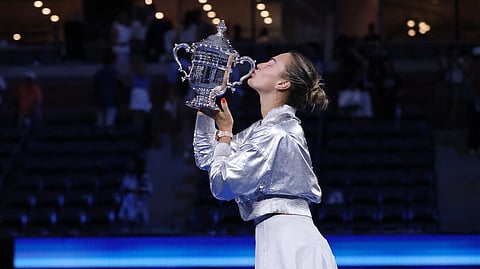 ARYNA Sabalenka celebrates after beating Amanda Anisimova to retain her US Open women’s singles event crown in Flushing Meadows, New York.