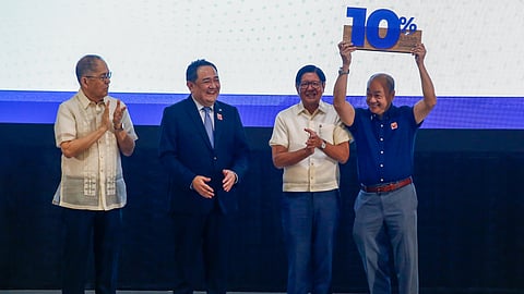 President Ferdinand Marcos Jr. (second from right) leads on Wednesday the ceremonial launch of the SSS Pension Reform Program 2025 during the 68th Anniversary Celebration of the Social Security System at the SSS Main Office in Quezon City. Joining the President are SSS president and CEO Robert Joseph Montes de Claro (second from left), Labor Secretary Bienvenido Laguesma (left) and pensioner Gerardo Mendoza (right).