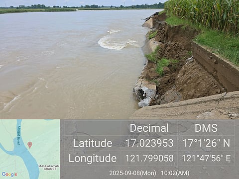 Collapsed flood control wall in Barangay Mallalatang Grande, Reina Mercedes, Isabela.
