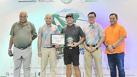 Perry Josef Bucay, the Central Luzon regional champion, is flanked by (from left) NGAP director Pepot Inigo, Beverly Place officials Elson Alvaran and Tom Clemente, and NGAP secretary general Bones Floro.