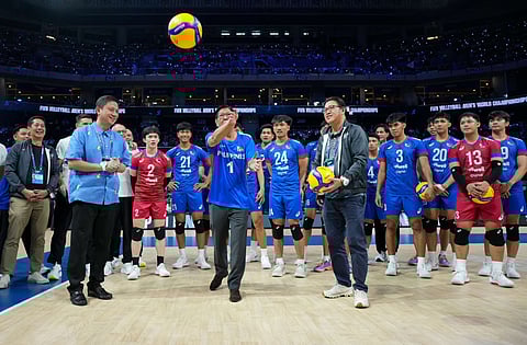 PRESIDENT Ferdinand ‘Bongbong’ Marcos Jr. kicks off the country’s hosting of the FIVB Volleyball Men’s World Championship with the ceremonial serve yesterday at the Mall of Asia Arena.