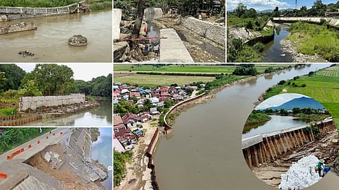 Billions washed away (From top left, clockwise) Flood control projects in Barangay Laslasong, Ilocos Norte; Butuanon River, Mandaue City; Mawab River, Davao de Oro; Candating, Arayat, Pampanga; Aringay, La Union; and Barangay Piel, Baliuag, Bulacan crumble in neglect — mute testaments to billions of pesos poured into ‘flood-mitigation’ that failed to hold back the tide of corruption.