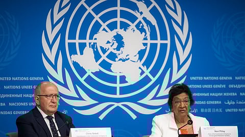 Chair of the Independent International Commission of Inquiry on the Occupied Palestinian Territory, including East Jerusalem, and Israel, South African judge Navi Pillay (right) speaks next to member of the Independent International Commission of Inquiry on the Occupied Palestinian Territory, including East Jerusalem and Israel, Chris Sidoti speaks during a press conference in Geneva on 16 September 2025.
