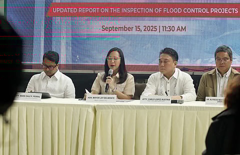 Quezon City Mayor Joy Belmonte holds a press conference at the MICE Center in Quezon City Hall to give updates on DPWH flood-control projects. City Engineer Atty. Dale Perral said their review showed 331 projects — not 254 as earlier counted — were misaligned with the city’s Drainage Master Plan, wasting P17 billion in taxpayers’ money.