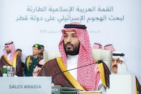 This handout picture released by the official Saudi Press Agency (SPA) shows Saudi Arabia's Crown Prince Mohammed bin Salman attending the 2025 Arab-Islamic emergency summit in Doha on September 15, 2025. The September 15 summit in Doha between Arab and Muslim leaders will consider "a draft resolution on the Israeli attack on the State of Qatar" and to show solidarity with the Gulf state.