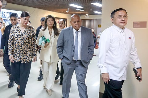 After a visit at Senator Rodante Marcoleta's office Vice President Sara Duterte is seen leaving the Senate premises with Senators Bong Go, Imee Marcos, and Ronald "Bato" Dela Rosa.| Aram Lascano, SPPA POOL