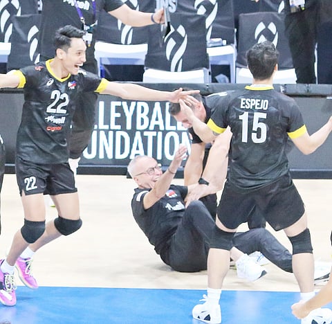 ITALIAN coach Angiolino Frigoni lies on the floor after witnessing Alas Pilipinas’ magical four-set win over Egypt in the preliminaries of the FIVB Volleyball Men’s World Championship late Tuesday.