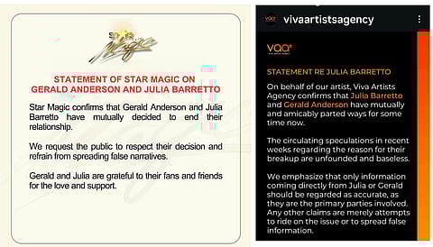 The Official Statements of Star Magic and Viva Artists Agency Re Break Up of celebrity couple Gerald Anderson and Julia Barretto