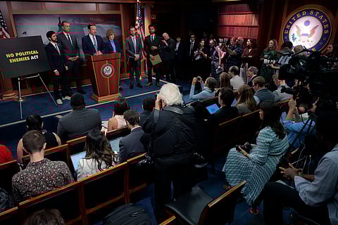 WASHINGTON, DC - SEPTEMBER 18: (L-R) Rep. Greg Casar (D-TX), Sen. Alex Padilla (D-CA), Sen. Chris Murphy (D-CT), Sen. Tina Smith (D-MN), Rep. Jason Crow (D-CO) and Rep. Maxwell Frost (D-FL) introduce the No Political Enemies Act during a news conference at the U.S. Capitol on September 18, 2025 in Washington, DC. The legislation is aimed at pushing back against the Trump Administration's threats to the First Amendment's free speech protections in the wake of the assassination of conservative activist and Turning Points USA founder Charlie Kirk.