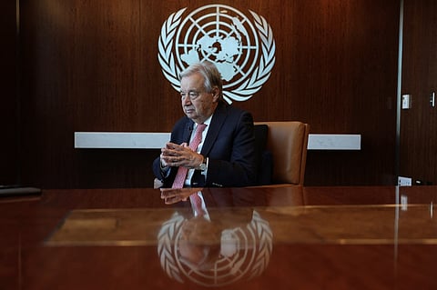 UN Secretary-General Antonio Guterres speaks during an AFP interview ahead of the 80th session of the United Nations General Assembly (UNGA 80) at UN headquarters in New York on September 19, 2025. The first day of high-level General Debate for the 80th session of the UN General Assembly will begin on September 23, 2025.