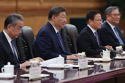 Chinese President Xi Jinping speaks at the beginning of a bilateral meeting with Portuguese Prime Minister Luis Montenegro (not pictured) at The Great Hall of the People in Beijing on September 9, 2025.