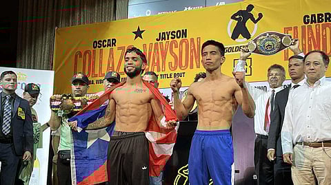 FILIPINO challenger Jayson ‘Striker’ Vayson (right) and Puerto Rican champion Oscar Collazo display their readiness for Saturday’s showdown for the WBO-WBA-The Ring magazine minimumweight titles at Fantasy Springs Resort Casino in Indio, California.