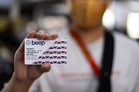 Students line up to avail concessionary white beep cards at the LRT-1 Central Station in Manila on Saturday, September 20, 2025.
Commuters with white beep cards are entitled to a 50 percent fare discount on the LRT-1, LRT-2, and MRT-3 train lines. Students who wish to avail themselves of this discount must present their school ID and pay a one-time fee of 30 pesos.